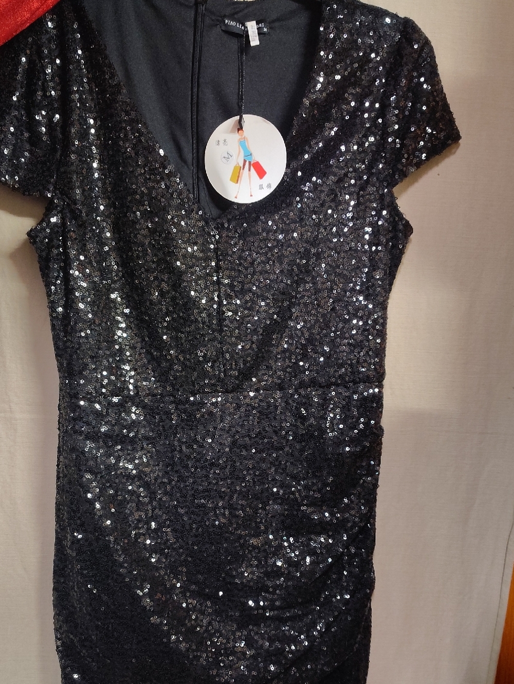 Black Sequin Mini Dress with V-Neck
